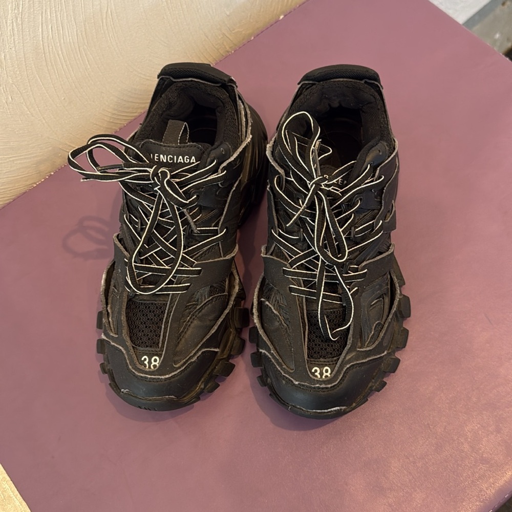 Balenciaga Black Faux Leather and Mesh Track Lace Up Sneakers 38